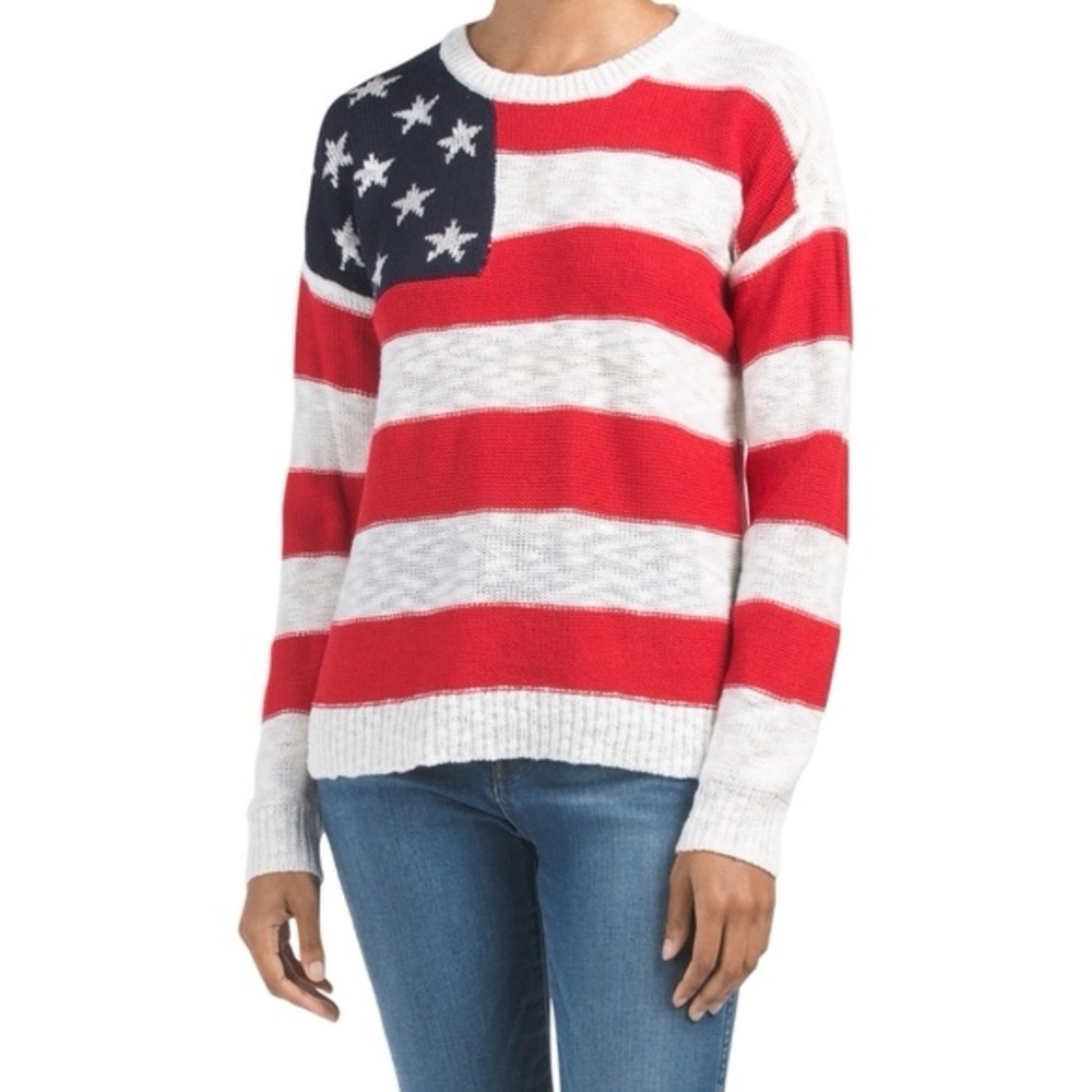 Marled American Flag Patriotic Crewneck Sweater Women’s Small Red White Blue
